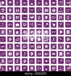 100 knowledge icons set grunge purple Stock Vector