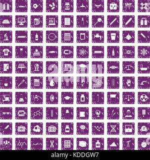 100 laboratory icons set grunge purple Stock Vector