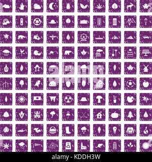 100 leaf icons set grunge purple Stock Vector