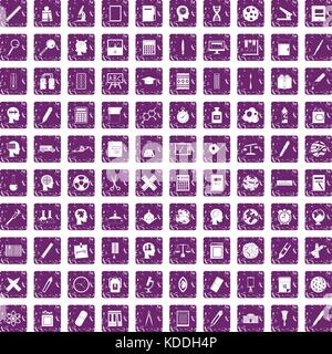 100 learning icons set grunge purple Stock Vector