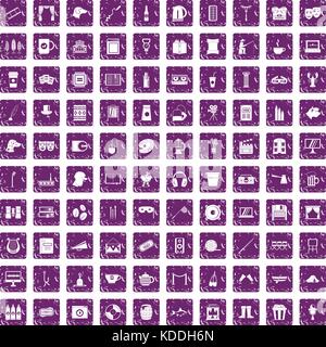 100 leisure icons set grunge purple Stock Vector