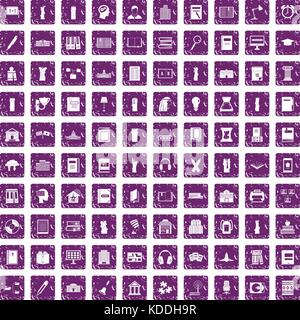 100 library icons set grunge purple Stock Vector