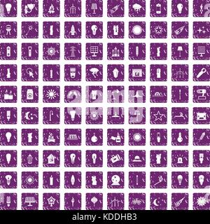 100 light source icons set grunge purple Stock Vector