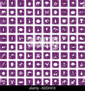 100 live nature icons set grunge purple Stock Vector