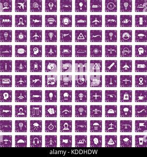 100 aviation icons set grunge purple Stock Vector