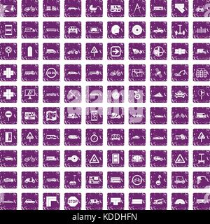 100 location icons set grunge purple Stock Vector