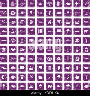 100 lotus icons set grunge purple Stock Vector