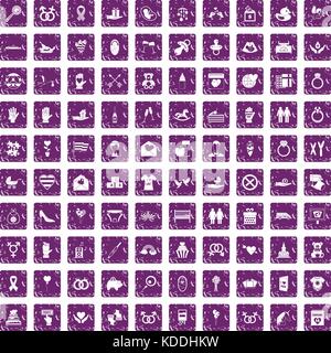 100 love icons set grunge purple Stock Vector