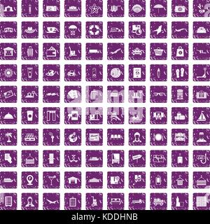 100 luggage icons set grunge purple Stock Vector