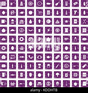 100 lunch icons set grunge purple Stock Vector