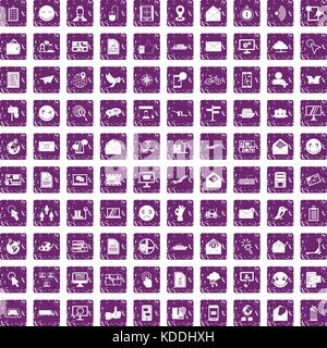 100 mail icons set grunge purple Stock Vector
