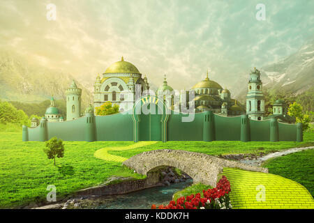 Emerald City with yellow brick road and bridge across the river Stock Photo