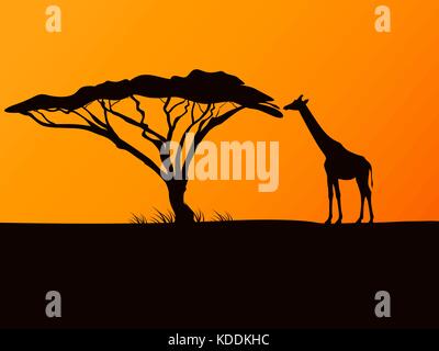 Vector black silhouette of a giraffe and acacia Stock Vector