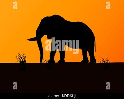 Vector silhouette elephant on background sunset Stock Vector