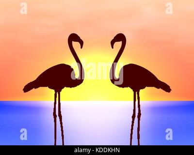 Vector silhouette couple flamingos in the sunset Stock Vector