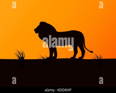 Vector silhouette lion on the background of sunset Stock Vector