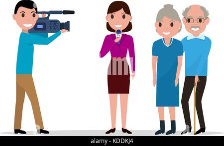 Cartoon journalist interviewing elderly Stock Vector