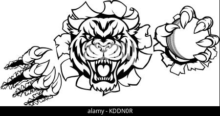 Tiger Holding Cricket Ball Breaking Background Stock Vector