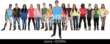 Group of young people friends welcome inviting invitation standing isolated on a white background Stock Photo
