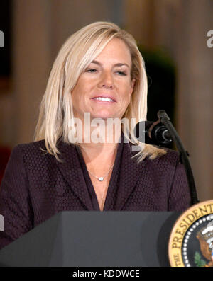 Washington, DC, USA. 12th Oct, 2017. Principal Deputy White House Chief of Staff Kirstjen Nielsen makes remarks after United States President Donald J. Trump announced he will name her as Secretary of Homeland Security in the East Room of the White House in Washington, DC on Thursday, October 12, 2017. If confirmed, Nielsen will replace Acting US Secretary of Homeland Security Elaine C. Duke, who has been in that position since General John F. Kelly, USMC (Retired) resigned to become White House Chief of Staff. Credit: MediaPunch Inc/Alamy Live News Stock Photo