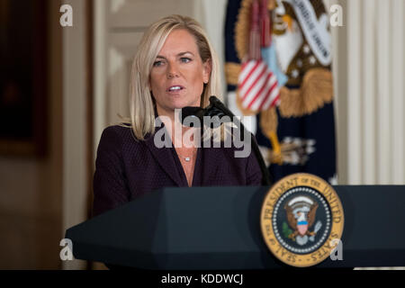 Washington, USA. 12th Oct, 2017. Kirstjen Nielsen speaks during her nomination announcement at the White House in Washington, DC, the United States, on Oct. 12, 2017. U.S. President Donald Trump on Wednesday nominated Kirstjen Nielsen, an aide to White House Chief of Staff John Kelly, to be Secretary of Homeland Security. Credit: Ting Shen/Xinhua/Alamy Live News Stock Photo