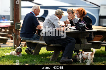 Santa Rosa, USA. 12th Oct, 2017. People with their dogs rest at a temporary settlement in Santa Rosa, California, the United States, on Oct. 11, 2017. California Governor Jerry Brown offered his sympathy Thursday to the victims of wildfires that are ravaging the state, and will visit the effected areas soon, as the death toll hit a new high of 29, local media reports said. Credit: Wu Xiaoling/Xinhua/Alamy Live News Stock Photo