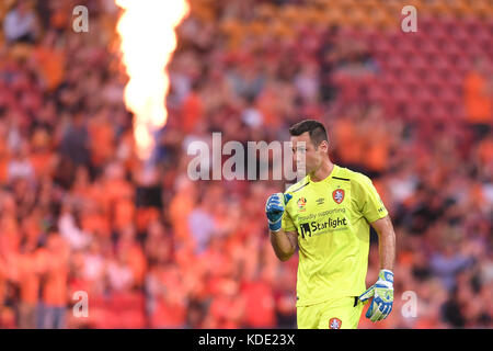 Brisbane, QUEENSLAND, AUSTRALIA. 13th Oct, 2017. Michael Theo of the Roar (#1) celebrates a Brisbane goal during the round two A-League match between the Brisbane Roar and Adelaide United at Suncorp Stadium on October 13, 2017 in Brisbane, Australia. Credit: Albert Perez/ZUMA Wire/Alamy Live News Stock Photo