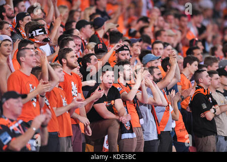 Brisbane, QUEENSLAND, AUSTRALIA. 13th Oct, 2017. Brisbane Roar fans show their support during the round two A-League match between the Brisbane Roar and Adelaide United at Suncorp Stadium on October 13, 2017 in Brisbane, Australia. Credit: Albert Perez/ZUMA Wire/Alamy Live News Stock Photo