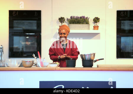 London, UK. 13th October, 2017. Nadiya Jamir Hussain  British baker, columnist, author and television presenter. She rose to fame after winning the sixth series of BBC's The Great British Bake Off in 2015.cooking live in the stage of the London Olympia Chocolate Show 2017 Credit: Paul Quezada-Neiman/Alamy Live News Stock Photo