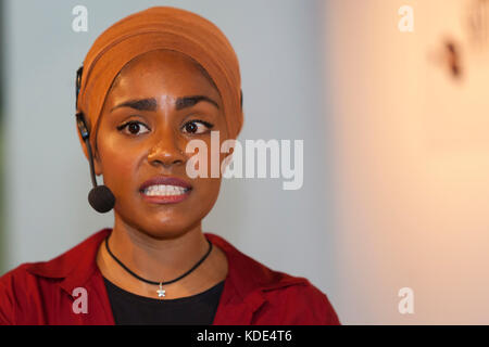 The Chocolate Show, Olympia, London UK. 13 October, 2017. Nadiya Jamir Hussain, British baker, columnist, author and television presenter, winner of BBC’s The Great British Bake Off in 2015 presents a cookery demonstration at the London Chocolate Show. Credit: Steve Parkins/Alamy Live News Stock Photo