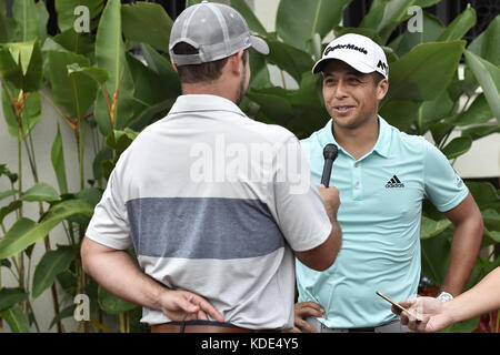 Kuala Lumpur, MALAYSIA. 13th Oct, 2017. Xander Schauffele of USA has an interview with press during the second round of the CIMB Classic 2017 golf tournament on October 13, 2017 at TPC Kuala Lumpur, Malaysia. Credit: Chris Jung/ZUMA Wire/Alamy Live News Stock Photo