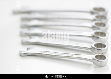 Spanners on white background. wrenches with shallow depth of field Stock Photo