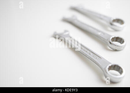 Spanners on white background. wrenches with shallow depth of field Stock Photo