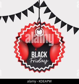 white background with black festoons and pendant sun shape tag of black friday offer with red balloons and black backdrop Stock Vector