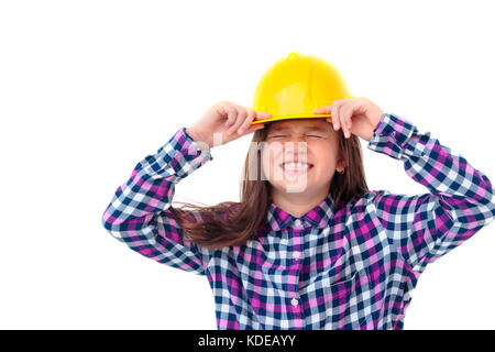 funny engineer girl with a yellow helmet isolated on white background Stock Photo