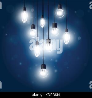 Luminous light bulbs hanging on cords - lamps Stock Vector