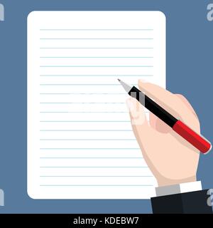 Business Hand writing on sheet of paper with pen. Sign document, writing, contract review, paperwork, dictation concepts. Flat vector illustration. Stock Vector