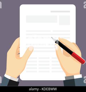 Business Hand writing on sheet of paper with pen. Sign document, writing, contract review, paperwork, dictation concepts. Flat vector illustration. Stock Vector