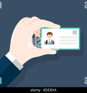 Businessmen holding ID or identification card in flat style. Man's hand holding or showing ID badge or driving license. Presenting business cards. Vec Stock Vector