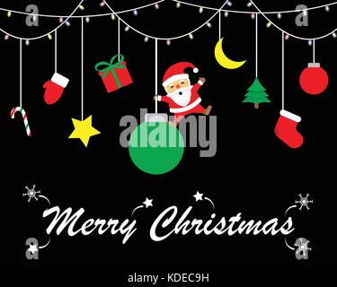 Merry Christmas, Happy Chubby Santa Claus Is Swinging From A Green Ball Among The Stuffs Hanging From The Lights By Threads On  Black Background Stock Vector