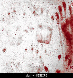 Bloody spooky handprints and blood drops. Scary design elements for design and Halloween decoration. Stock Photo