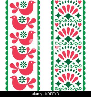 Folk art seamless pattern - Mexican style long stripes design with birds and flowers in pink and green Stock Vector