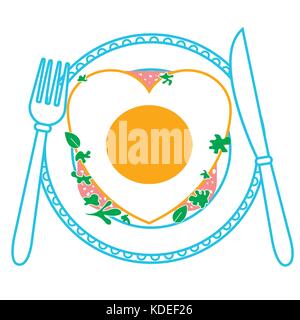 icon of fried egg in the form of heart on a plate and knife and fork. Icon in the linear style Stock Vector