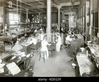 This black and white image from the early 1900s depicts men and women working in a counting room, using adding machines and typewriters, showcasing office work of the time. Stock Photo