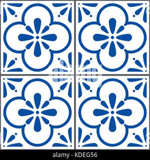 Azulejos vector tiles pattern, Portuguese seamless blue tiles design, Geometric ceramics Stock Vector