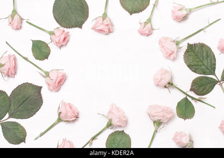 round frame of pink flowers on white background..Flat lay, top view Stock Photo