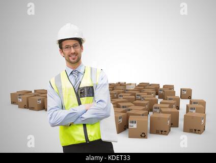 Digital composite of man with boxes Stock Photo