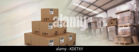 Digital composite of boxes in warehouse, transition Stock Photo