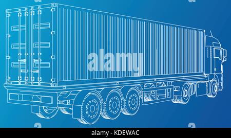 Cargo Truck Trailer. Wire-frame. EPS10 format. Vector rendering of 3d Stock Vector