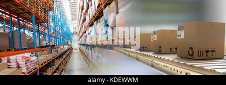 Digital composite of boxes in warehouse, transition Stock Photo